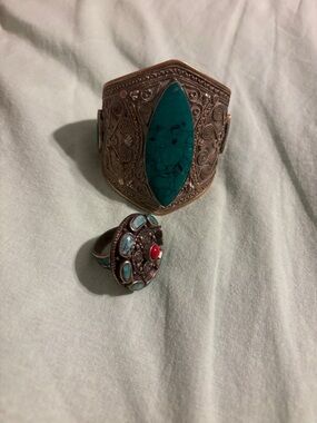 Turquoise Stone Filigree Cuff Bracelet and Ring Set - Women Jewelry